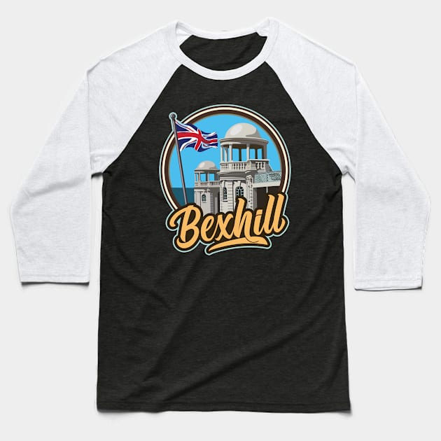 Bexhill East Sussex England Seafront Beach Souvenir Baseball T-Shirt by SuburbanCowboy